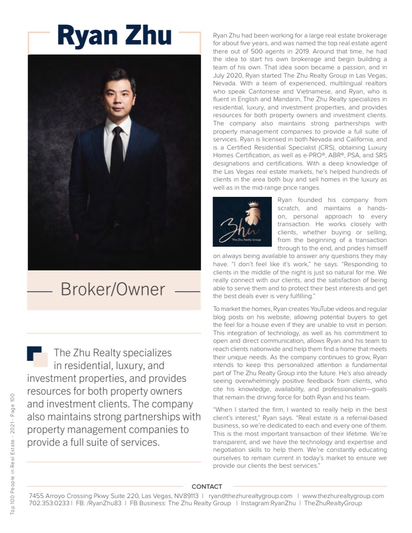 Featured In Top 100 Real Estate Magazine | Ryan Zhu The Zhu Realty Group LLC